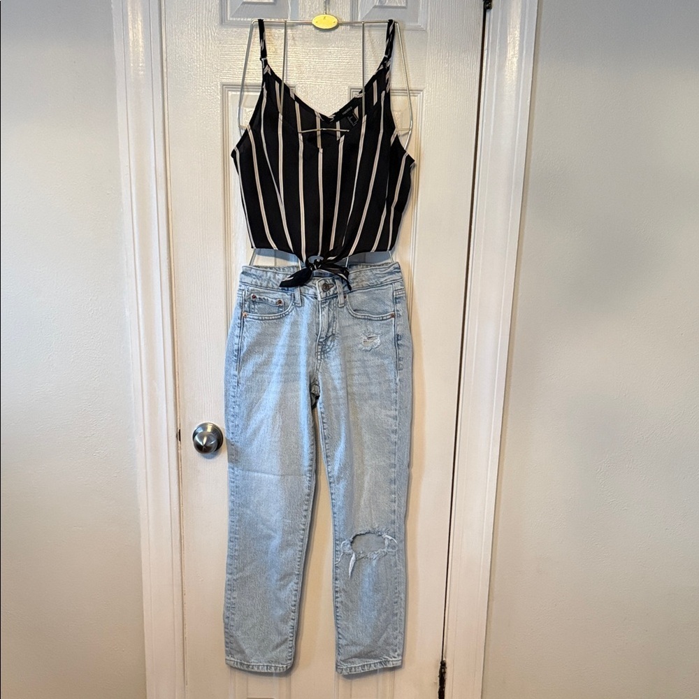Striped Tie-Front Cami & Light Wash Jeans Set  #468